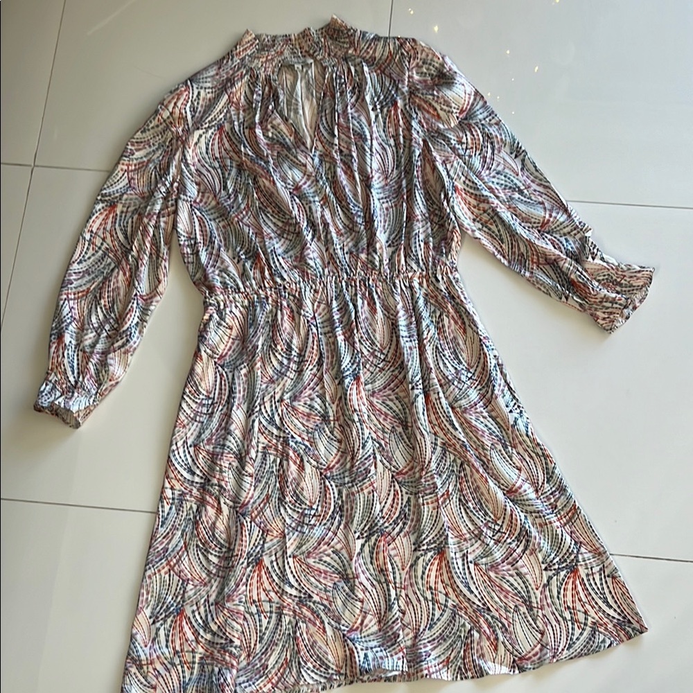 Tucker NYC Stella Dress Ecru Retro Geo in Stretch Charmeuse Silk Mock Neck - Picture 2 of 13